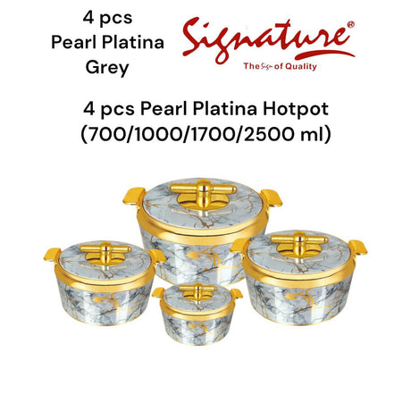 4 Piece Pearl Platina Hotpots Set (700ml, 1000ml, 1500ml, 2500ml) | Available in Blue, Grey, Pink, and Orange