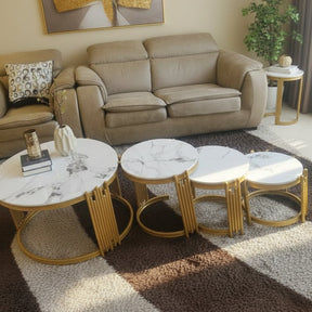 4-Piece Round Nesting Coffee Table Set Marble Top with Gold Metal Base Coffee Tables
