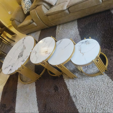 4-Piece Round Nesting Coffee Table Set Marble Top with Gold Metal Base