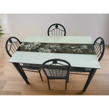 4 Seater Glass Top Dining Table with Floral Design and Chairs
