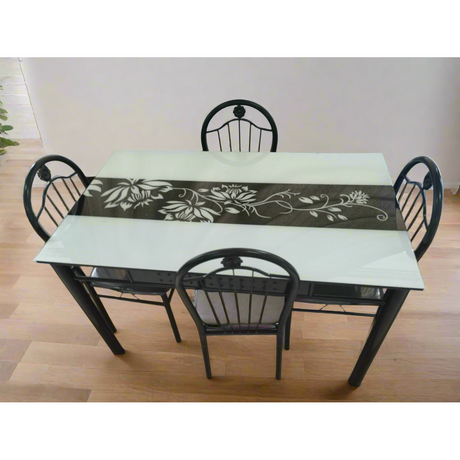 4 Seater Glass Top Dining Table with Floral Design and Chairs