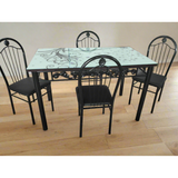 4 Seater Glass Top Dining Table with Floral Design and Chairs