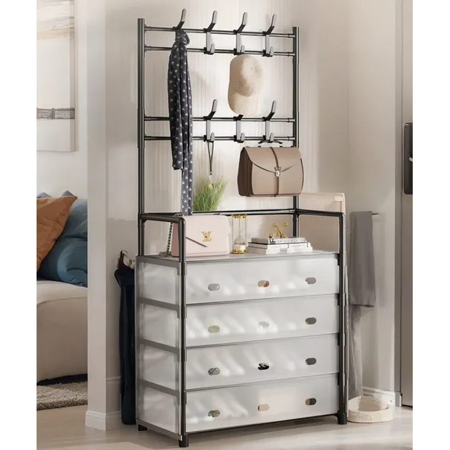 4 Tier 8 Hooks Dust Proof Hanger Rack | Clear Covers for Shoes, Hats, Bags, and Coats | Available in Black & White