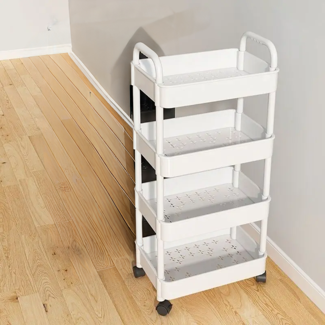 4-Tier Multipurpose Storage Rack with Wheels in White and Black