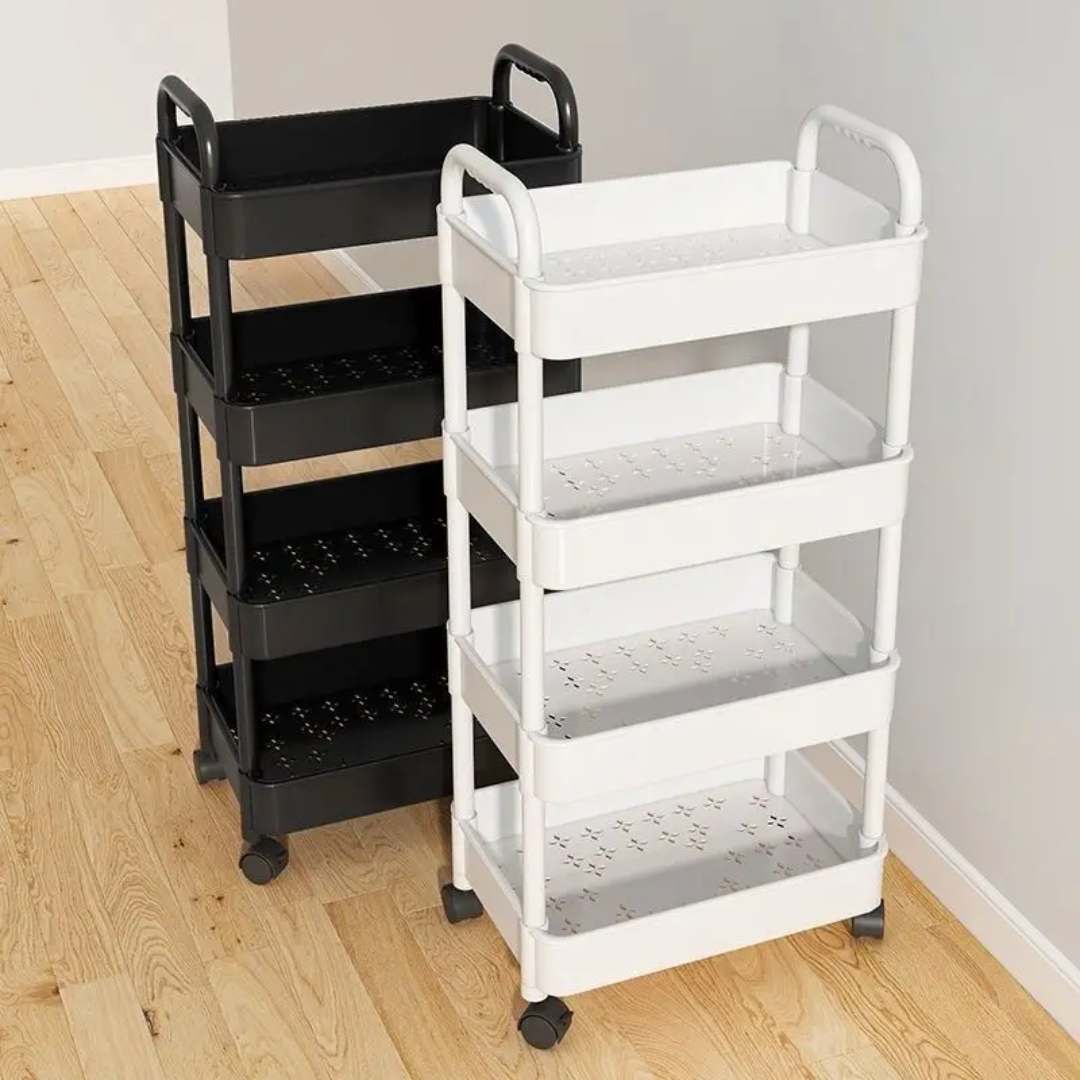 4-Tier Multipurpose Storage Rack with Wheels in White and Black