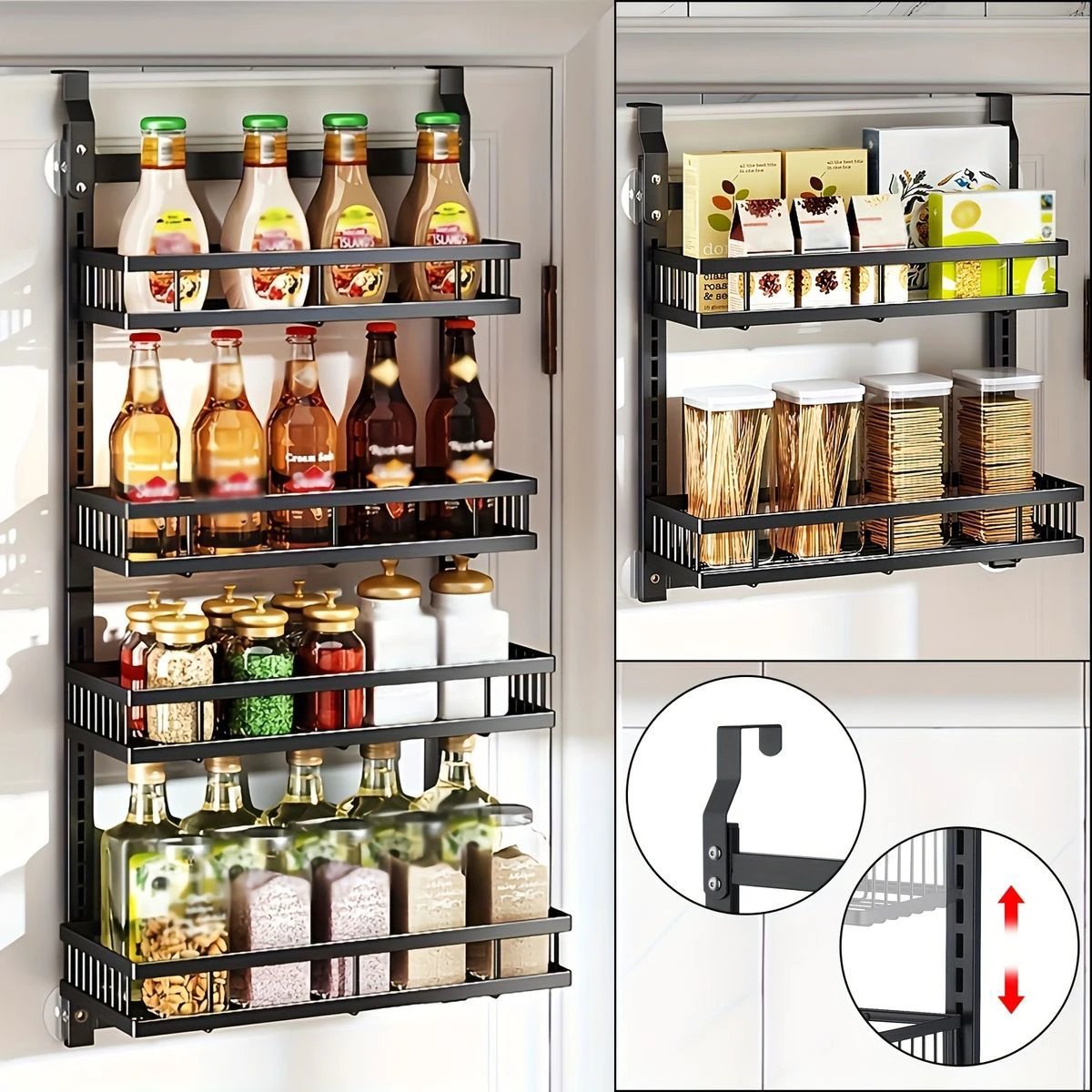 4 Tier Over Door Caddy Organizer Adjustable Hanging Steel Storage Rack with Suction Cups Kitchen Racks Kitchen Utensil Racks