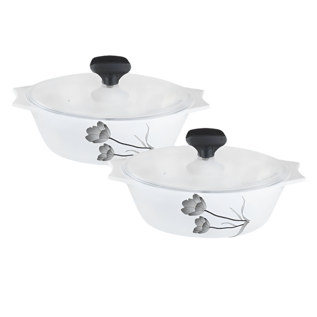4 pcs White Glass Casserole set (2 x 1000 ml with Plastic Lid) Black Tulip