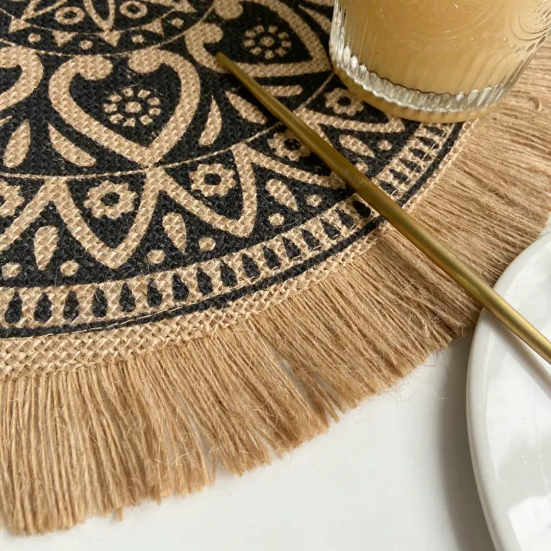 42cm Boho Woven Jute Dining Placemats with Silkscreen Print Detail