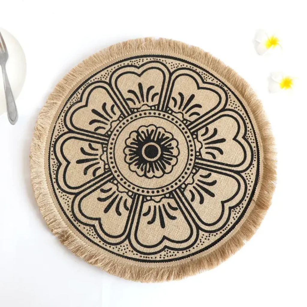 42cm Boho Woven Jute Dining Placemats with Silkscreen Print Detail Table mat Placemats