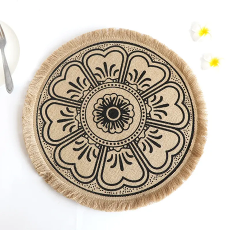 42cm Boho Woven Jute Dining Placemats with Silkscreen Print Detail