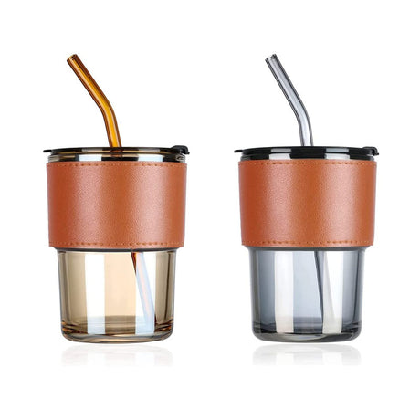 450ml Glass Tumbler/Cup with Straw and Leather Protective Sleeve- Furaha Finds Kenya