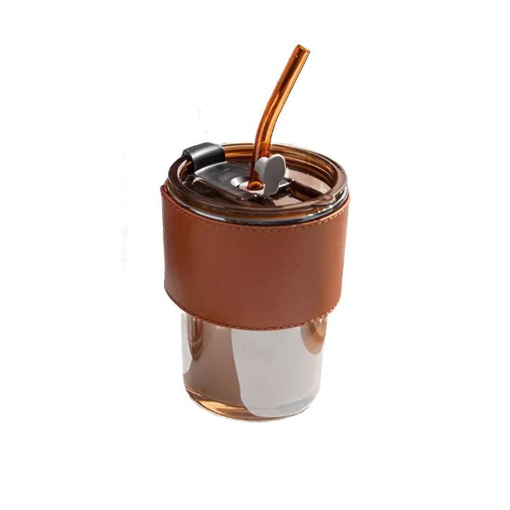 450ml Glass Smoothie Cup with Leather Grip for Juices, Shakes, and Iced Drinks