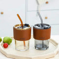 450ml Glass Smoothie Cup with Leather Grip for Juices, Shakes, and Iced Drinks Tableware Tumblers