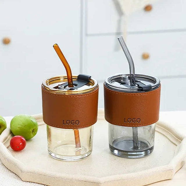 450ml Glass Smoothie Cup with Leather Grip for Juices, Shakes, and Iced Drinks