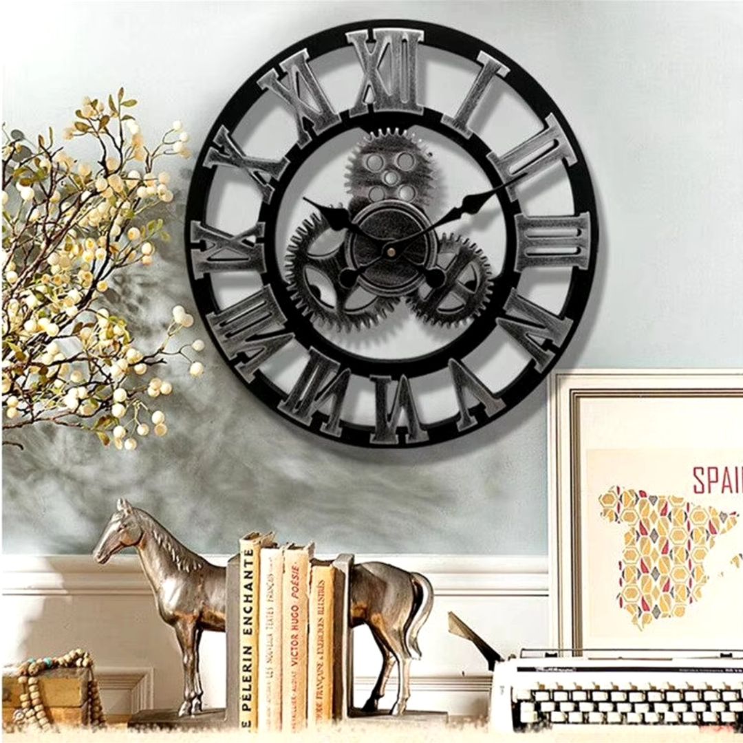 4 Gear Roman Vintage Wall Clock Battery Operated Analog Industrial Gear Clock