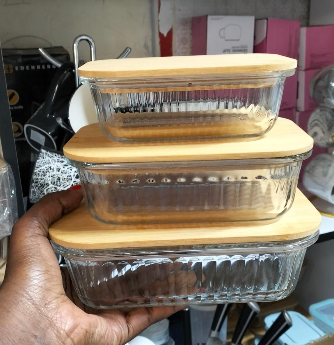 3pc Ribbed Glass Food Storage Containers with Airtight Bamboo Lids – 350ml, 800ml, 1600ml- Furaha Finds Kenya
