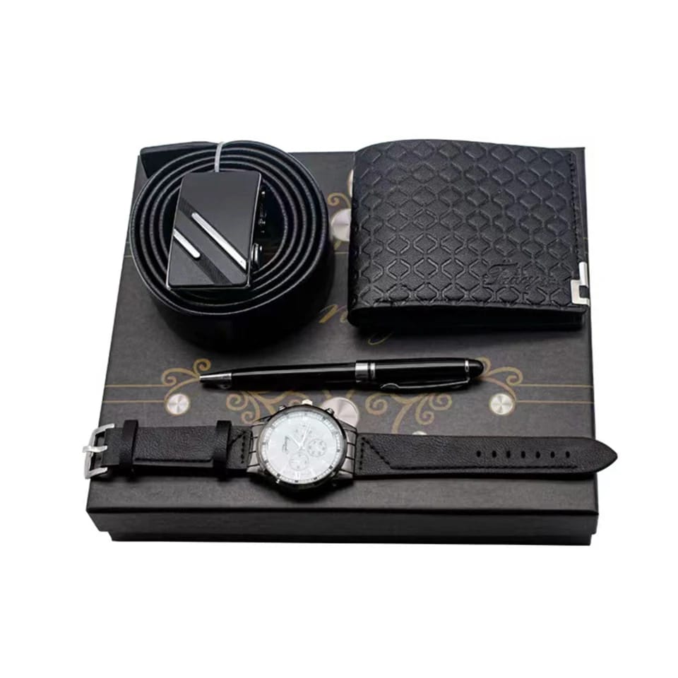 4 in 1 Fancy Men's Gift Set - Pen, Belt, Wallet & Watch