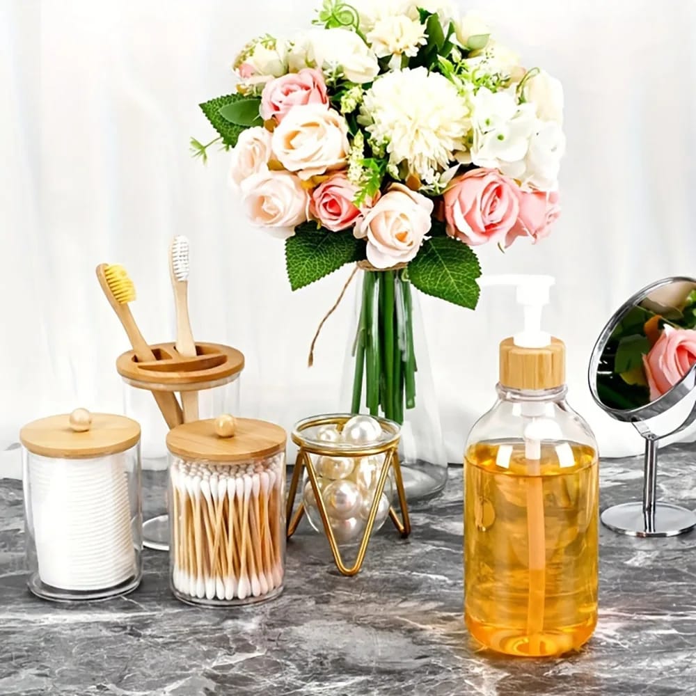 4pcs Bamboo Bathroom Accessories Set with Soap Dispenser and Toothbrush Holder