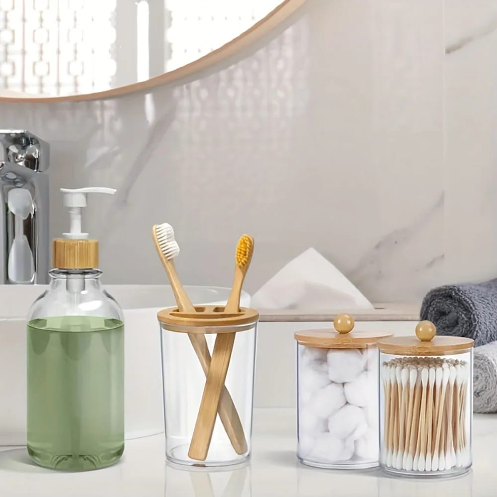 4pcs Bamboo Bathroom Accessories Set with Soap Dispenser and Toothbrush Holder