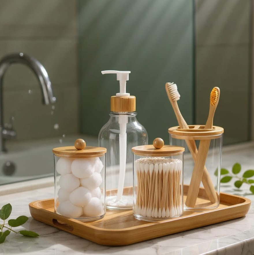 4pcs Bamboo Bathroom Accessories Set with Soap Dispenser and Toothbrush Holder