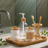 4pcs Bamboo Bathroom Accessories Set with Soap Dispenser and Toothbrush Holder