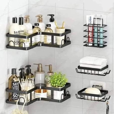 Furaha Finds Stainless Steel Space saving 5Piece Bathroom Organizer Set Durable shower caddies and soap holders for modern bathroom organization.