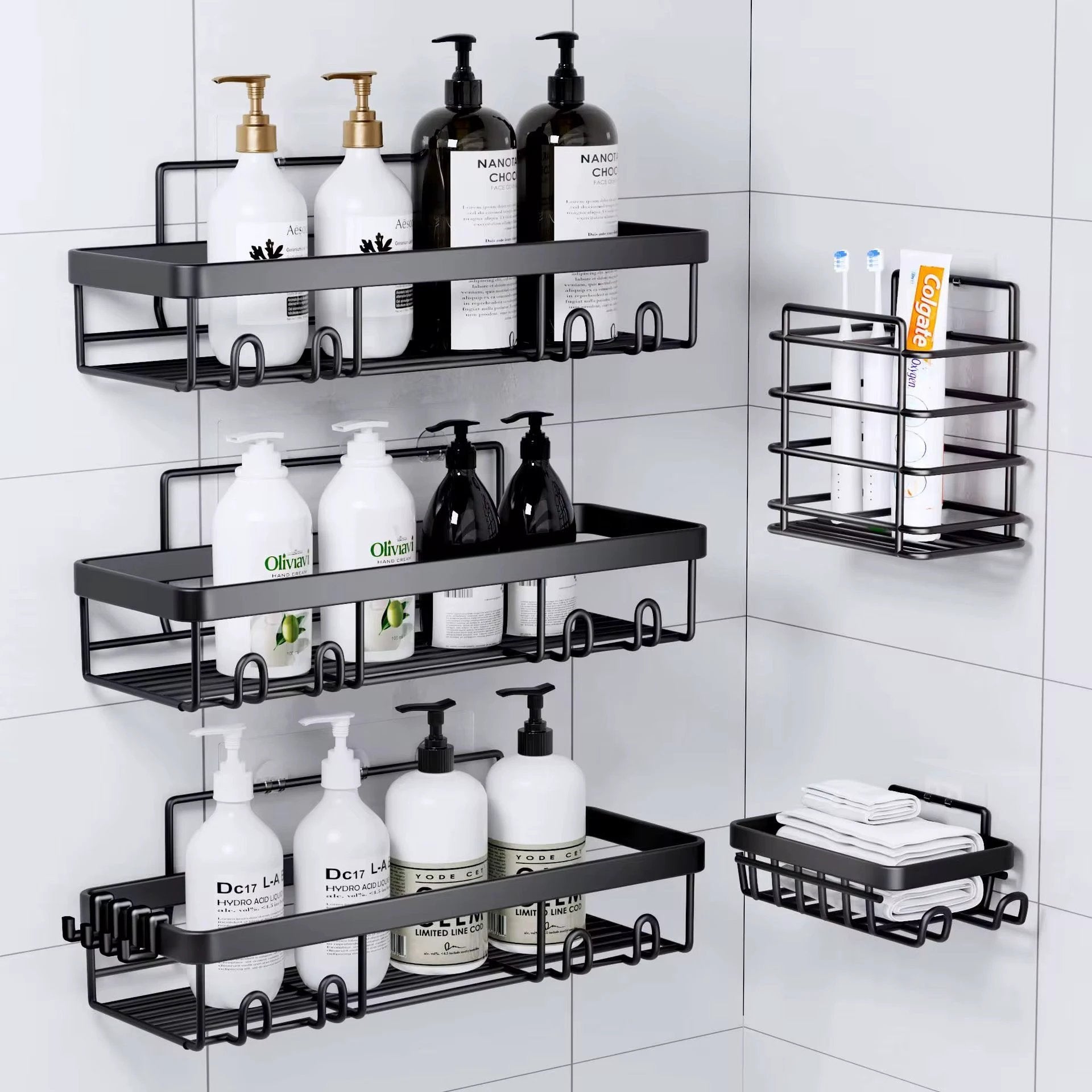 5-Piece Wall-Mounted Shower Caddy Set – Rustproof Carbon Steel Bathroom Organizer | Strong Adhesive Bathroom organiser Wall-Mounted Caddies
