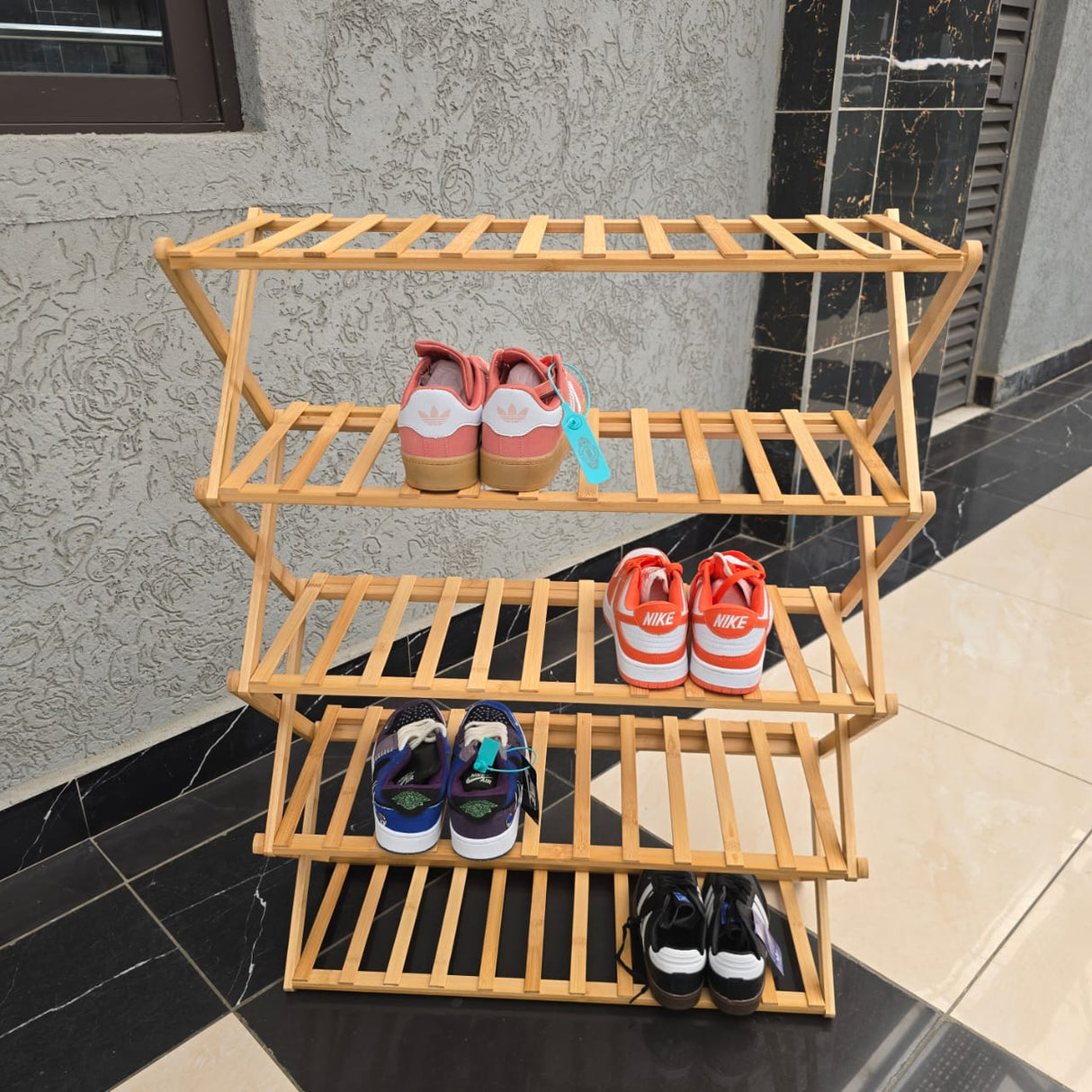 5-Tier Foldable Bamboo Shoe Rack – Multipurpose Storage and Display Stand