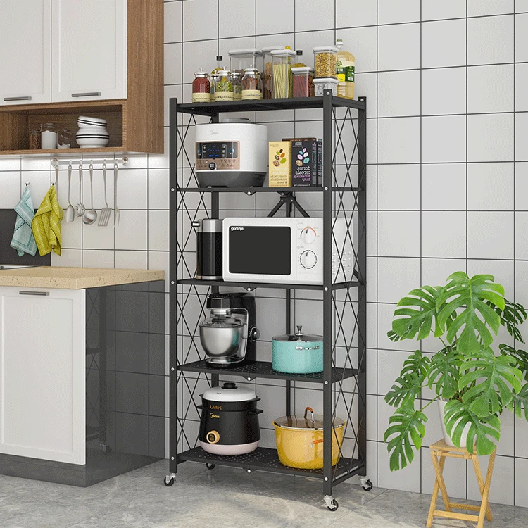 5 Tier Foldable Movable Metallic Storage Rack | Stainless Steel, No-Installation, High-Capacity Shelving in White & Black Storage and organization Clothing & Closet Storage