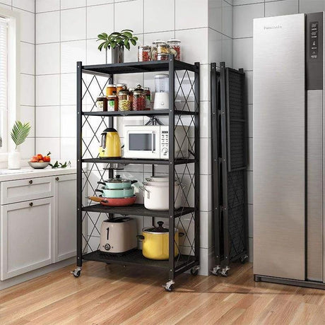 5 Tier Foldable Movable Metallic Storage Rack | Stainless Steel, No-Installation, High-Capacity Shelving in White & Black Storage and organization Clothing & Closet Storage