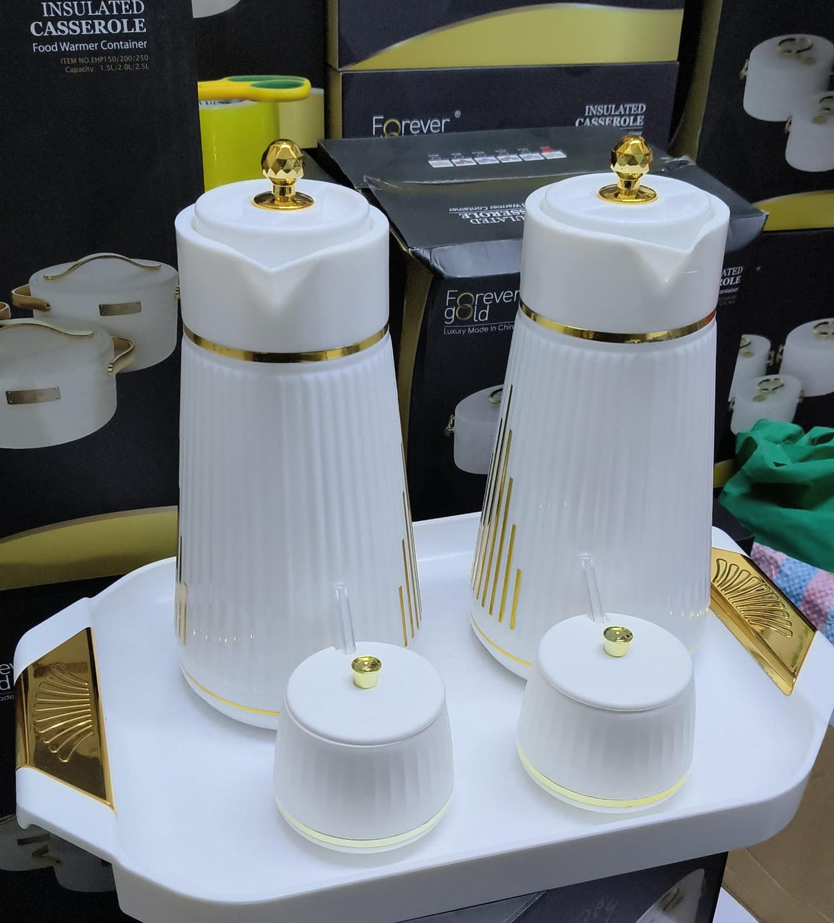 5 in 1 Quality Breakfast Set with Flasks Sugar Canisters and Tray