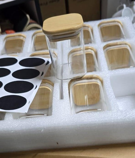 12pc Square Glass Spice Jar Set – 300ml with Bamboo Lids, Stickers & Pen- Furaha Finds Kenya