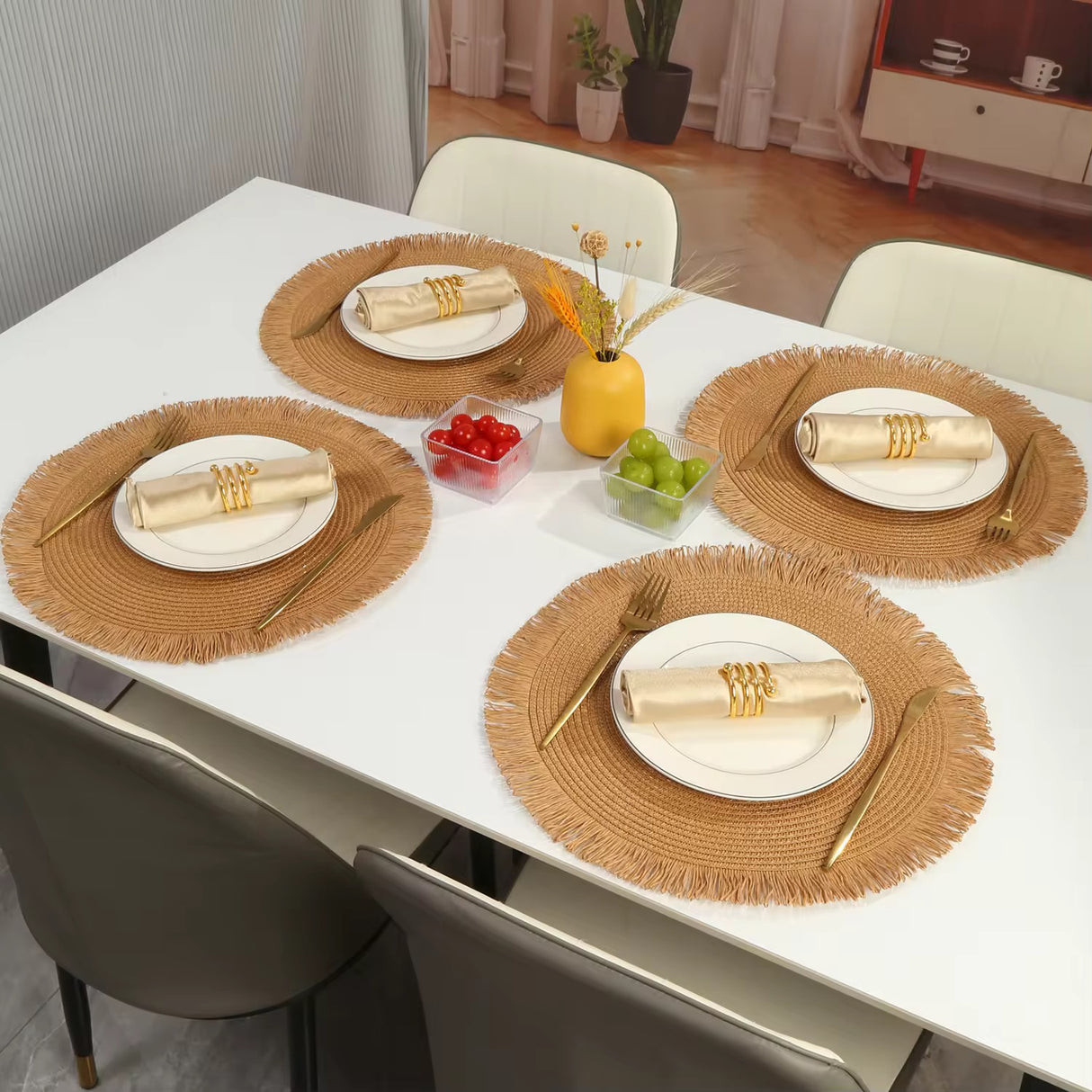 6-Piece Woven Round Placemats – High-Quality Heat-Resistant Table Mats (38cm, Beige & Brown)