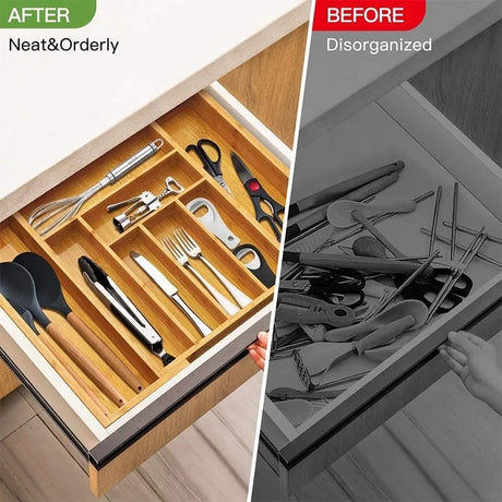 Expandable Bamboo Drawer Cutlery Organizer | Eco Friendly Bamboo Flatware & Silverware Tray | Adjustable Kitchen Utensil Organizer- Furaha Finds Kenya