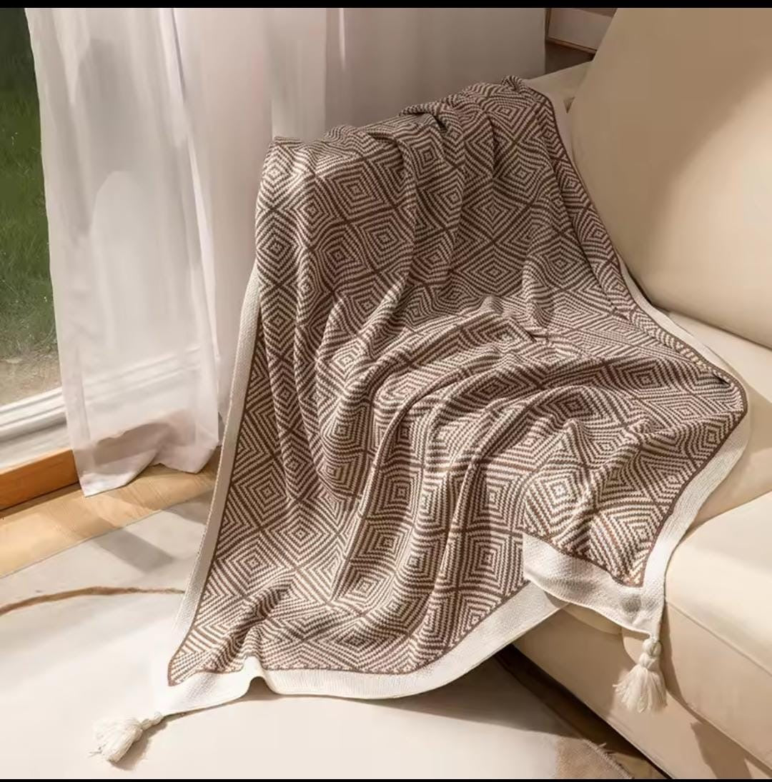 Bohemian Knitted Throw Blanket with Tassels – 150x200cm | Soft Sofa & Bed Cover