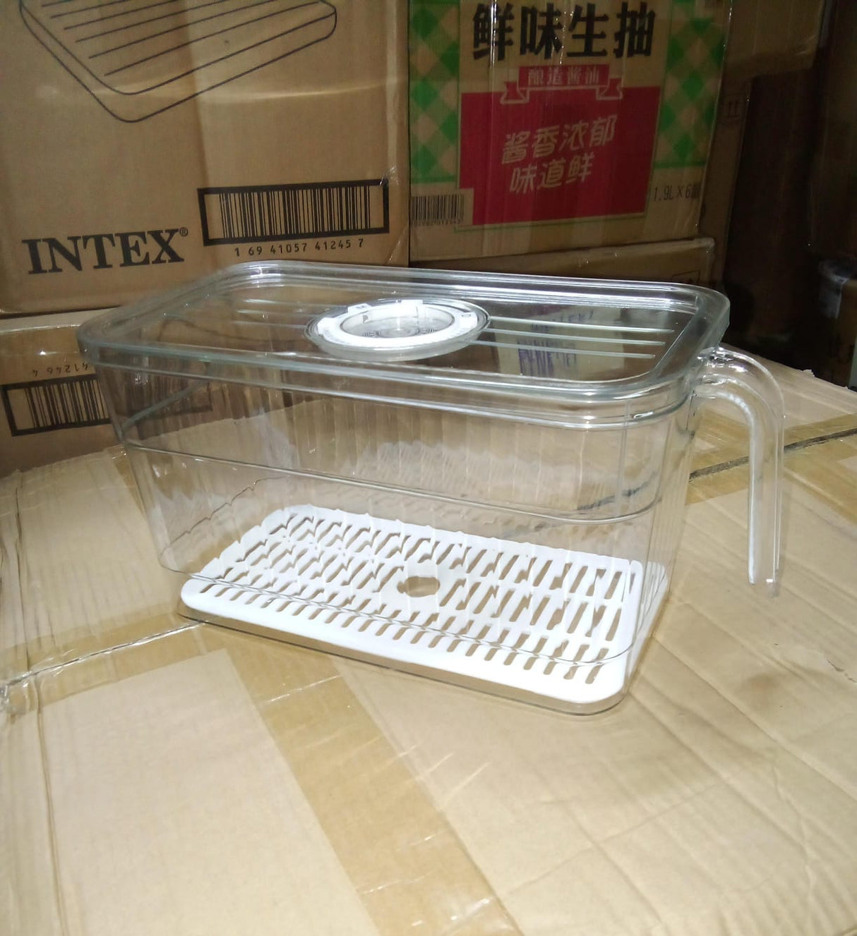 5L Clear Acrylic Fridge Storage Container with Built-in Draining Board