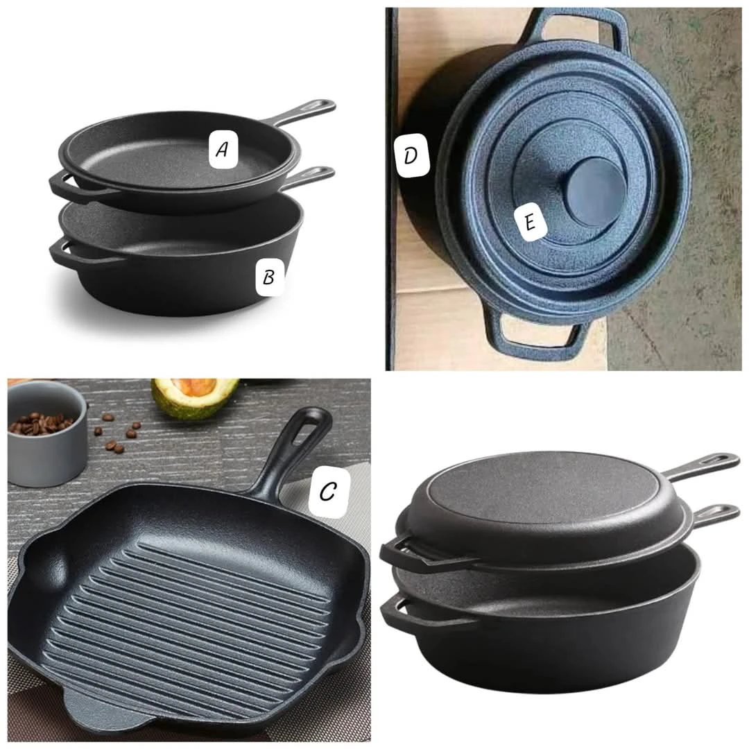 5pcs Heavy-Duty Cast Iron Cooking, Baking & Serving Set Black Finish Only Cookware Sets