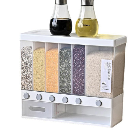6 Compartment Cereal Dispenser Multi Grain Food Storage Container 10L Capacity.
