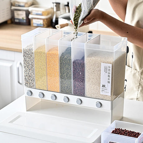 6 Compartment Cereal Dispenser Multi Grain Food Storage Container 10L Capacity.
