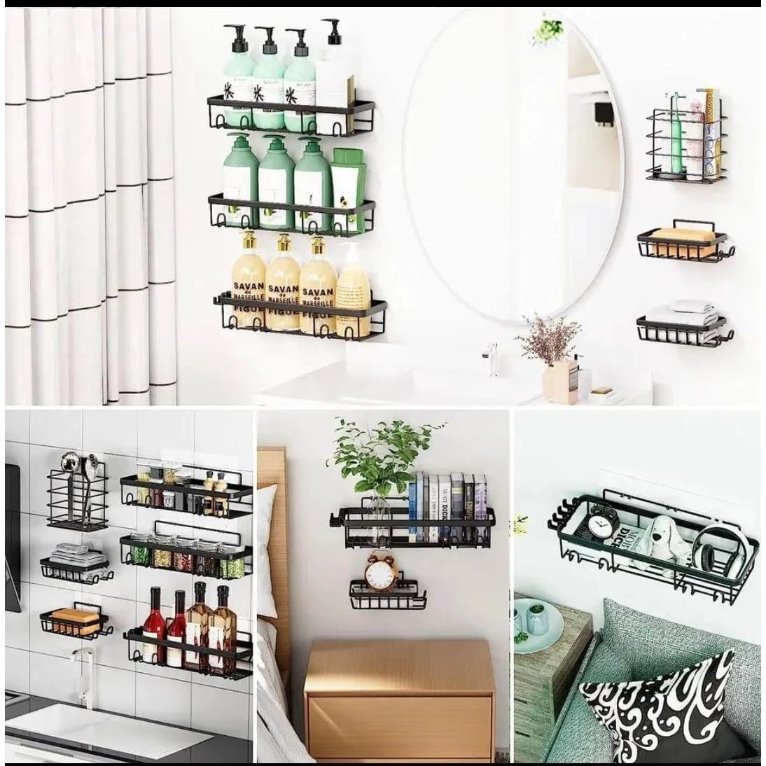6-Piece Set Shower Caddy Organizer Shelf | Rustproof Stainless Steel Bathroom Organizer with Adhesive - No Drill, Large Capacity Storage Bathroom Storage Shower Caddies