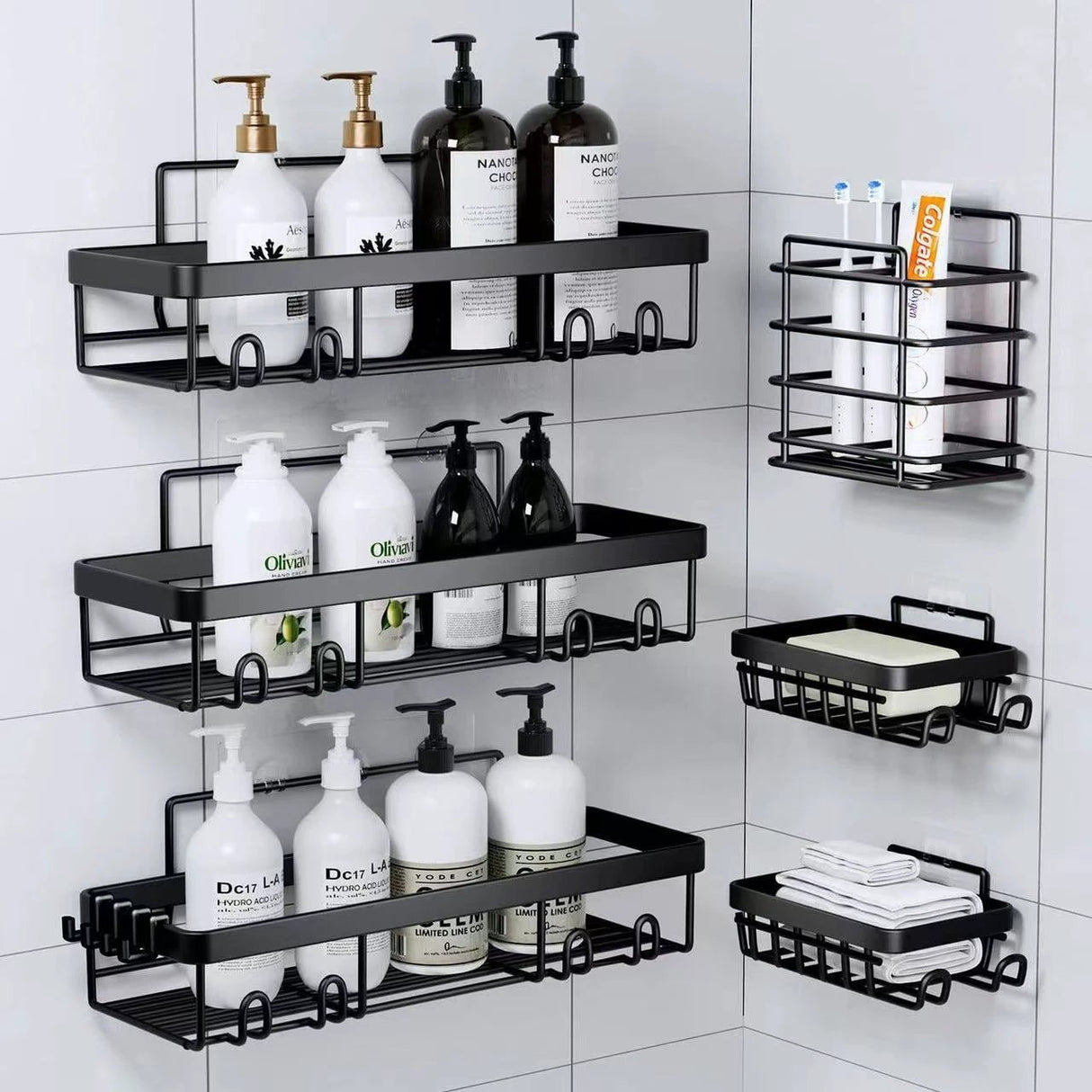 6-Piece Set Shower Caddy Organizer Shelf | Rustproof Stainless Steel Bathroom Organizer with Adhesive - No Drill, Large Capacity Storage Bathroom Storage Shower Caddies