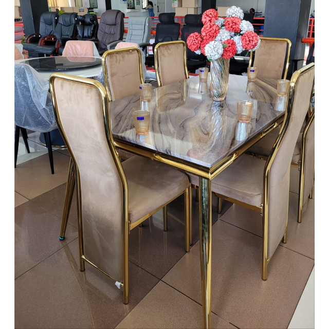 6-Seater Marble Top Dining Table with Gold Frame and Velvet Chairs