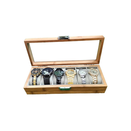 6 Slots Wooden Watch Organizer Watch Display Case with Glass Top & Jewelry Organizer for Men & Women (31 x 12 x 7.5cm)