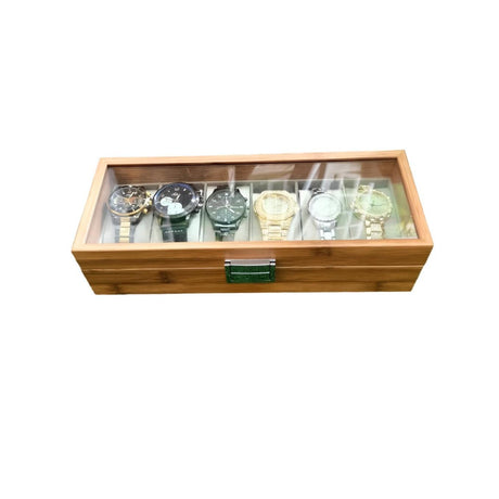 6 Slots Wooden Watch Organizer Watch Display Case with Glass Top & Jewelry Organizer for Men & Women (31 x 12 x 7.5cm)