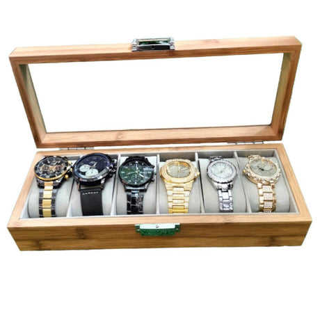 6 Slots Wooden Watch Organizer Watch Display Case with Glass Top & Jewelry Organizer for Men & Women (31 x 12 x 7.5cm)