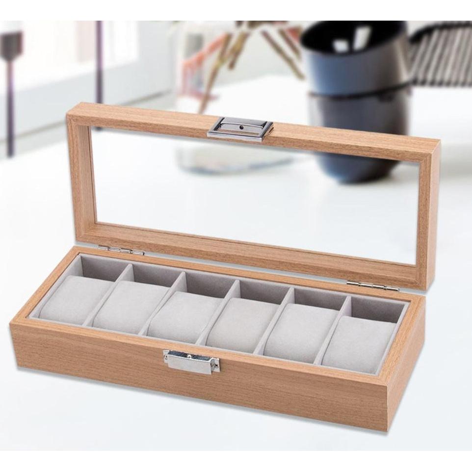 6 Slots Wooden Watch Organizer Watch Display Case with Glass Top & Jewelry Organizer for Men & Women (31 x 12 x 7.5cm)