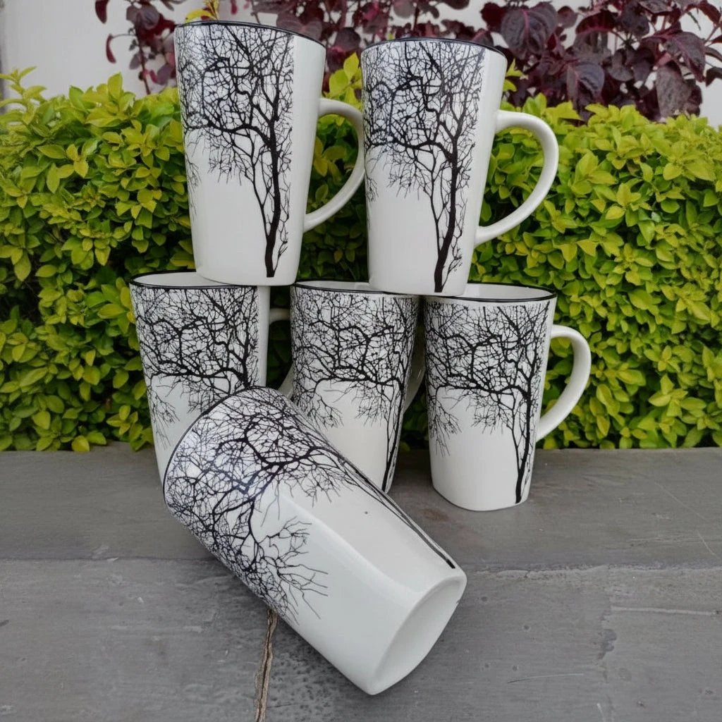 White Ceramic Mugs with Elegant Tree Design - Modern Drinkware Kitchen & Dining Mugs