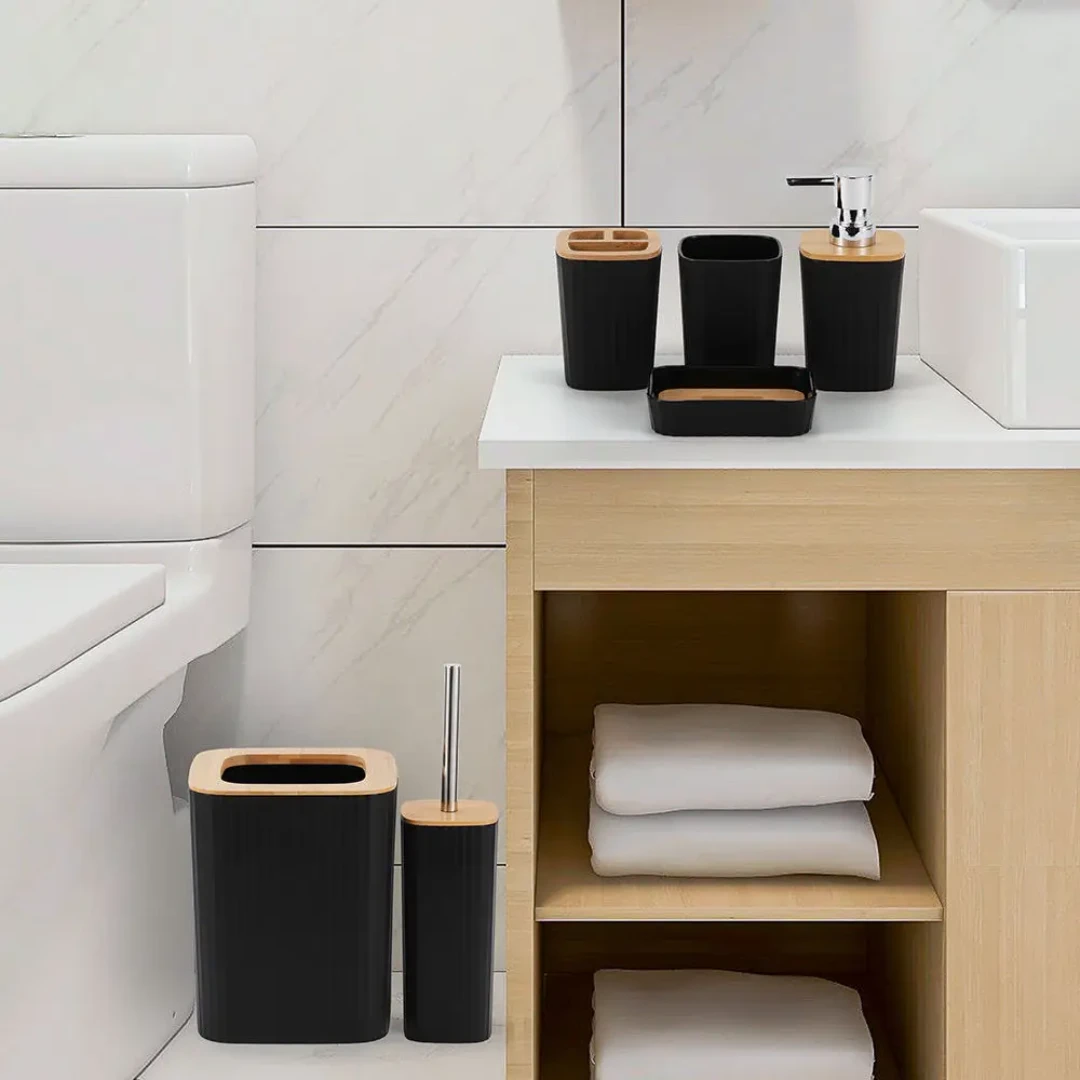 6 in 1 Bamboo Bathroom Accessories Set Elegant & Functional Organizer Bathroom Accessories Bathroom Accessory Sets