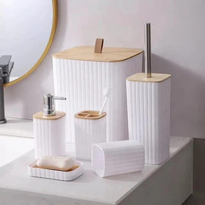 6 in 1 Bathroom Accessories Set with Wooden Top Complete Countertop Organizer Bathroom Accessories Bathroom Accessory Sets