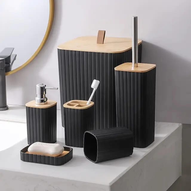 6 in 1 Bathroom Accessories Set with Wooden Top Complete Countertop Organizer